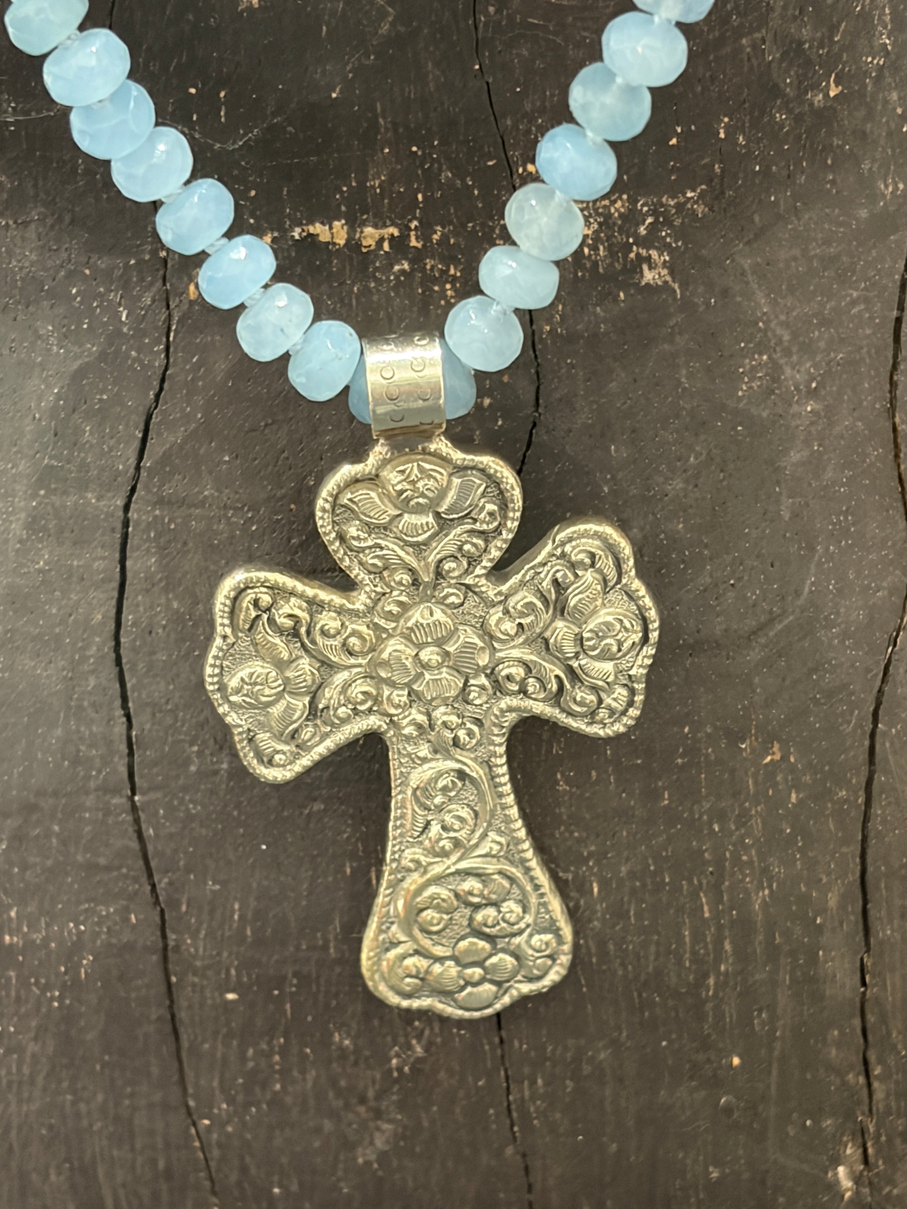 MALIBU HIPPIE Baby Blue Dyed Jade Tibetan Silver Cross OOAK Necklace