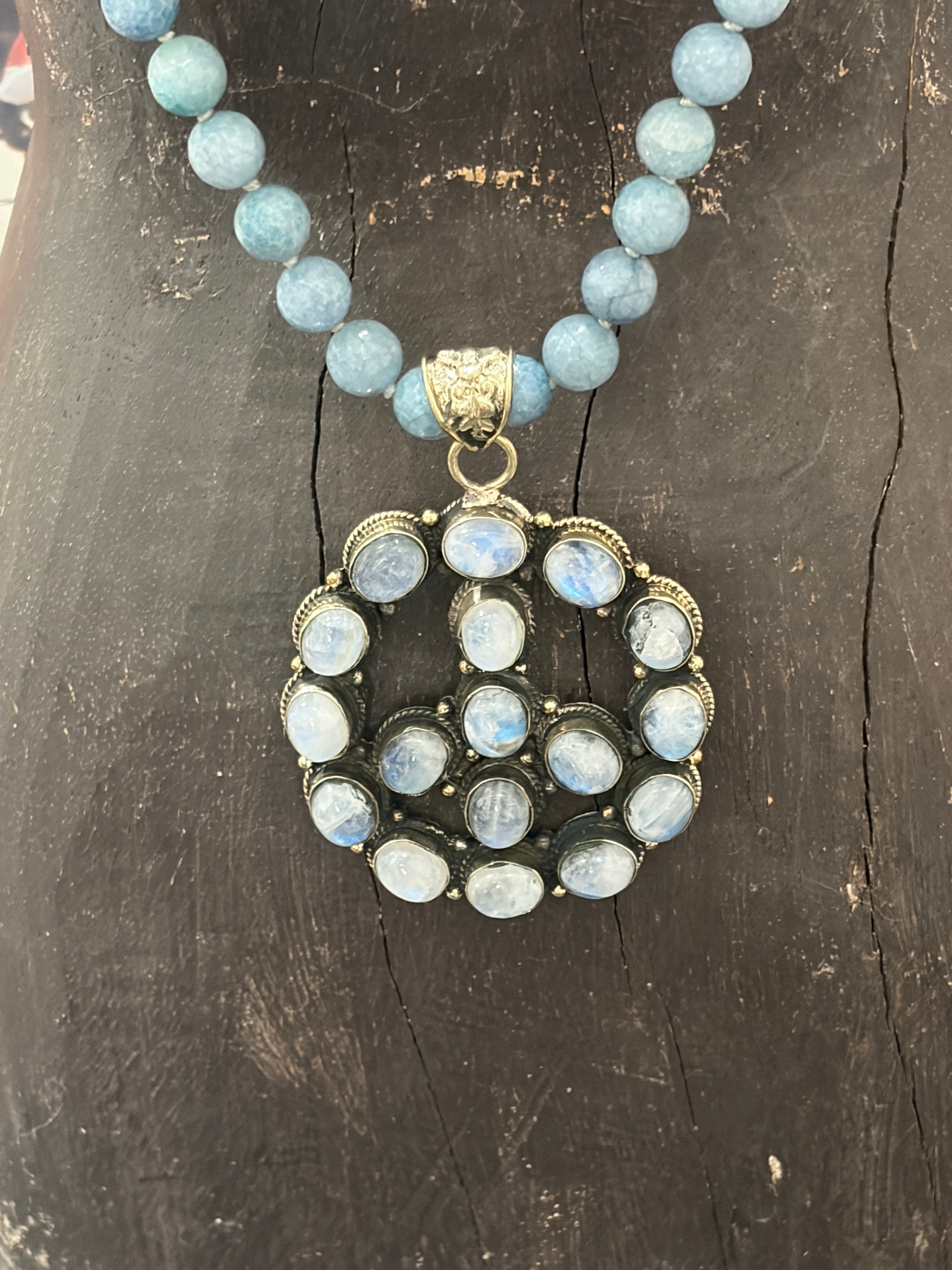 MALIBU HIPPIE Angelite Tibetan Silver Rainbow Moonstone Peace OOAK Necklace