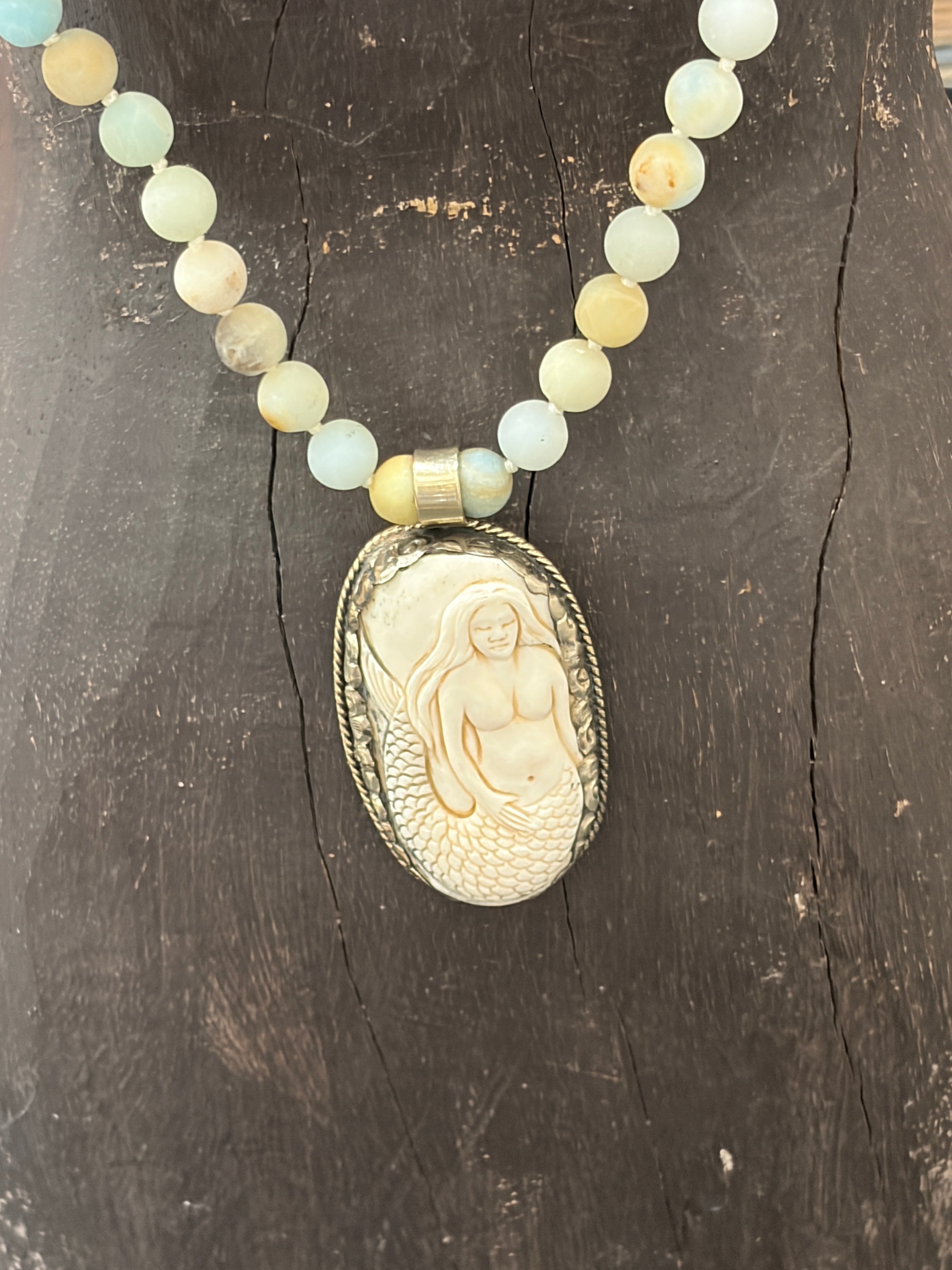 MALIBU HIPPIE Amazonite Tibetan Silver Carved Tusk Mermaid OOAK Necklace