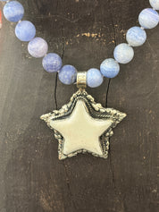 MALIBU HIPPIE Blue Crazy Lace Agate Tibetan Silver Carved Tusk Star OOAK Necklace