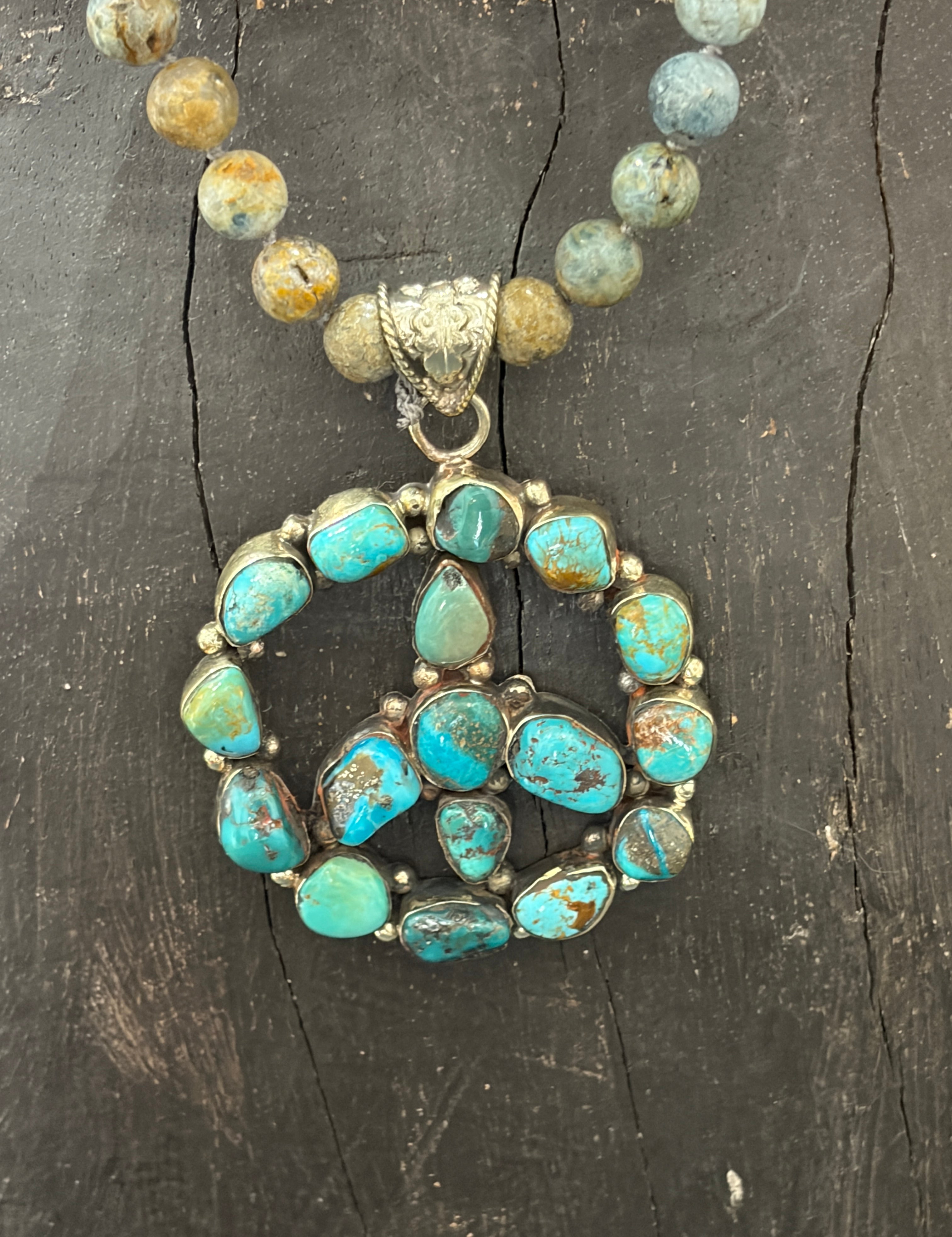 MALIBU HIPPIE Fire Agate Tibetan Silver Royston Turquoise Peace Sign OOAK Necklace on Simply Obsessed