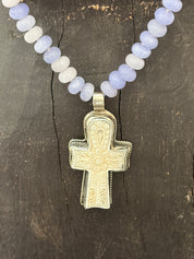MALIBU HIPPIE Dyed Jade Tibetan Silver Carved Tusk Cross OOAK Necklace on Simply Obsessed