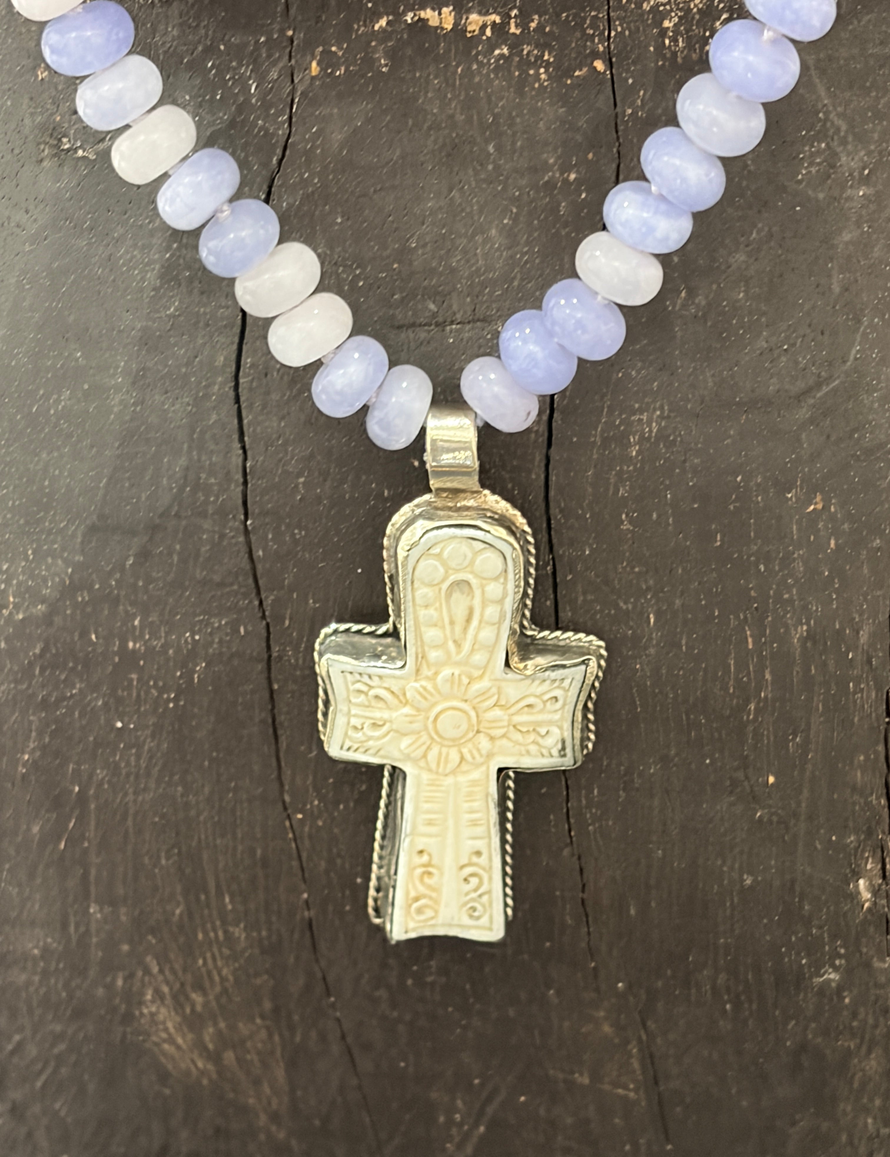 MALIBU HIPPIE Dyed Jade Tibetan Silver Carved Tusk Cross OOAK Necklace on Simply Obsessed