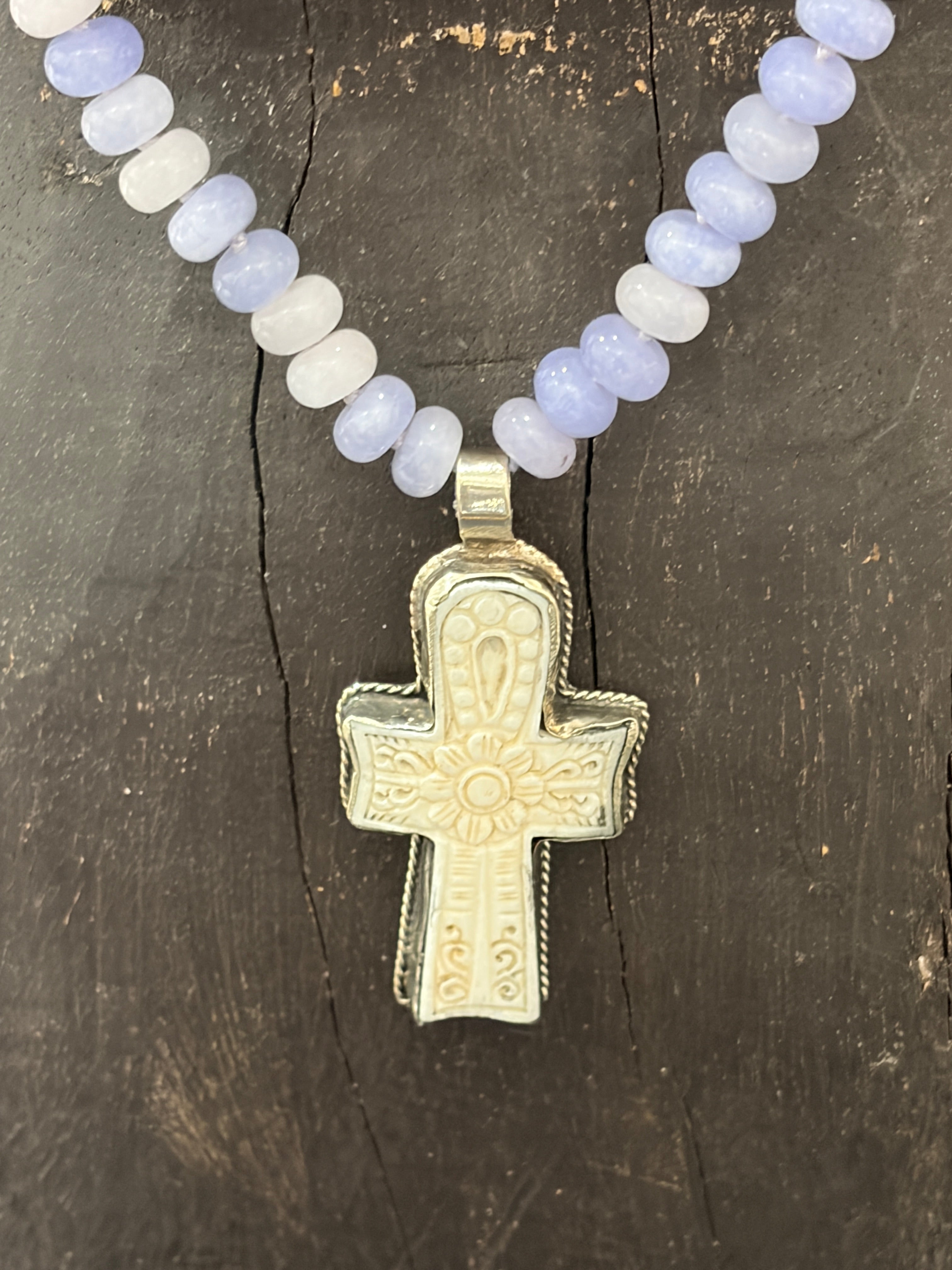 MALIBU HIPPIE Dyed Jade Tibetan Silver Carved Tusk Cross OOAK Necklace on Simply Obsessed