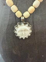 MALIBU HIPPIE Sponge Coral Tibetan Silver Carved Bone Sun OOAK Necklace
