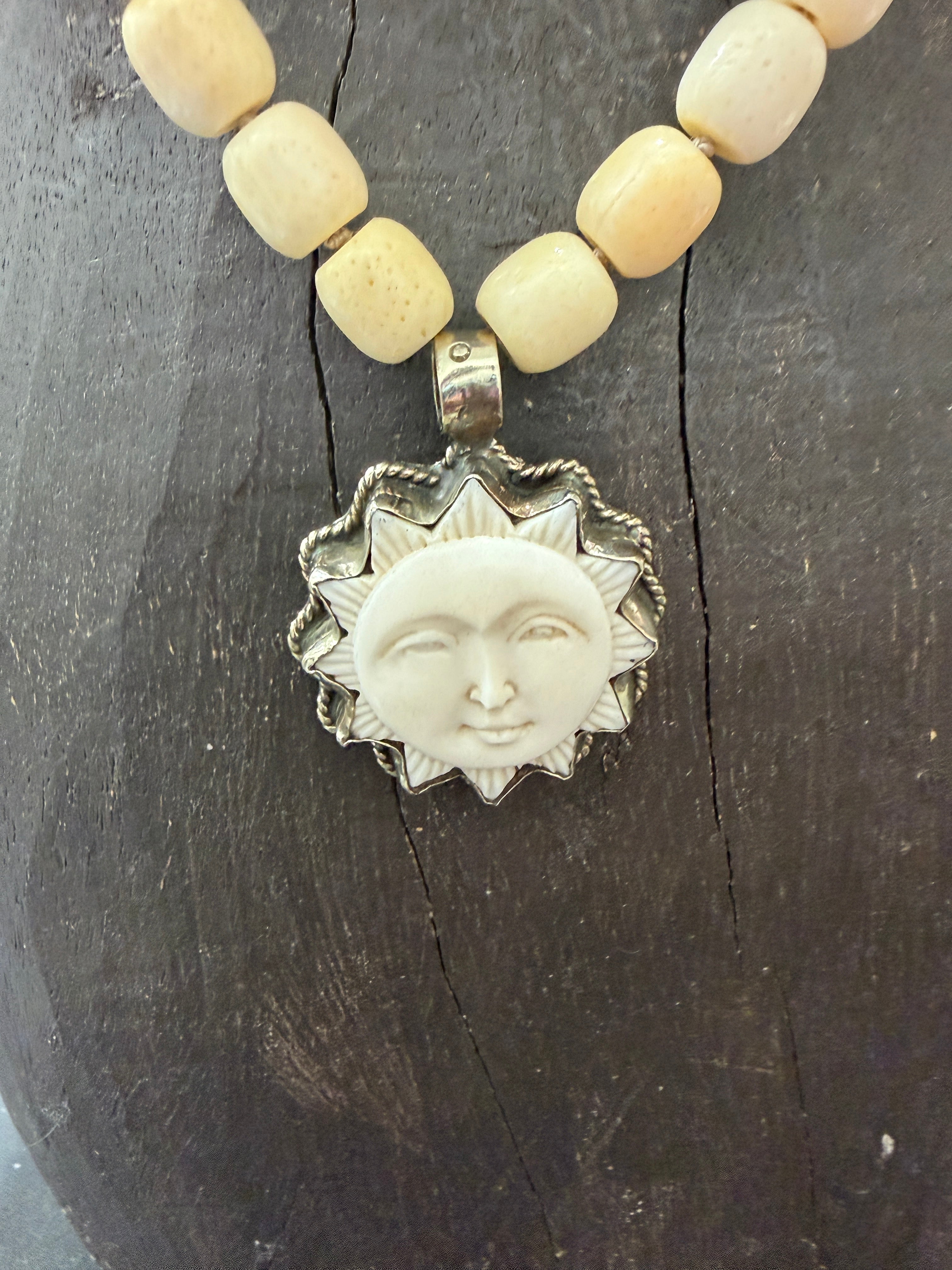 MALIBU HIPPIE Sponge Coral Tibetan Silver Carved Bone Sun OOAK Necklace