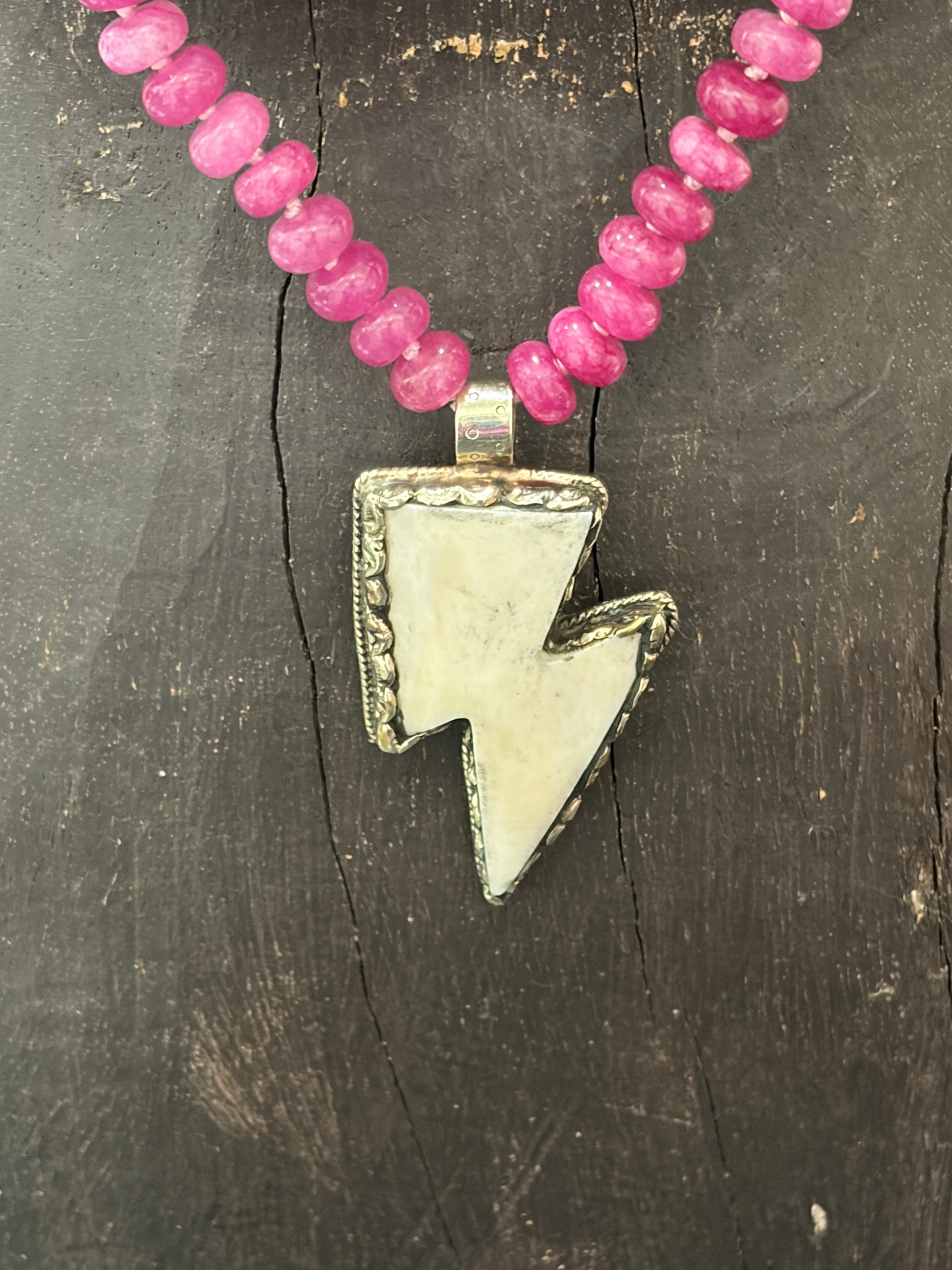 MALIBU HIPPIE Dyed Jade Tibetan Silver Carved Tusk Thunderbolt Necklace OOAK Necklace