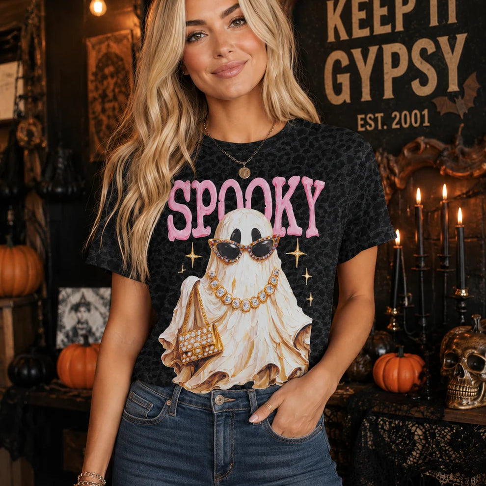 WS: Spooky Ghost Black Leopard Bling Tee DIRECT TO FILM on Simply Obsessed
