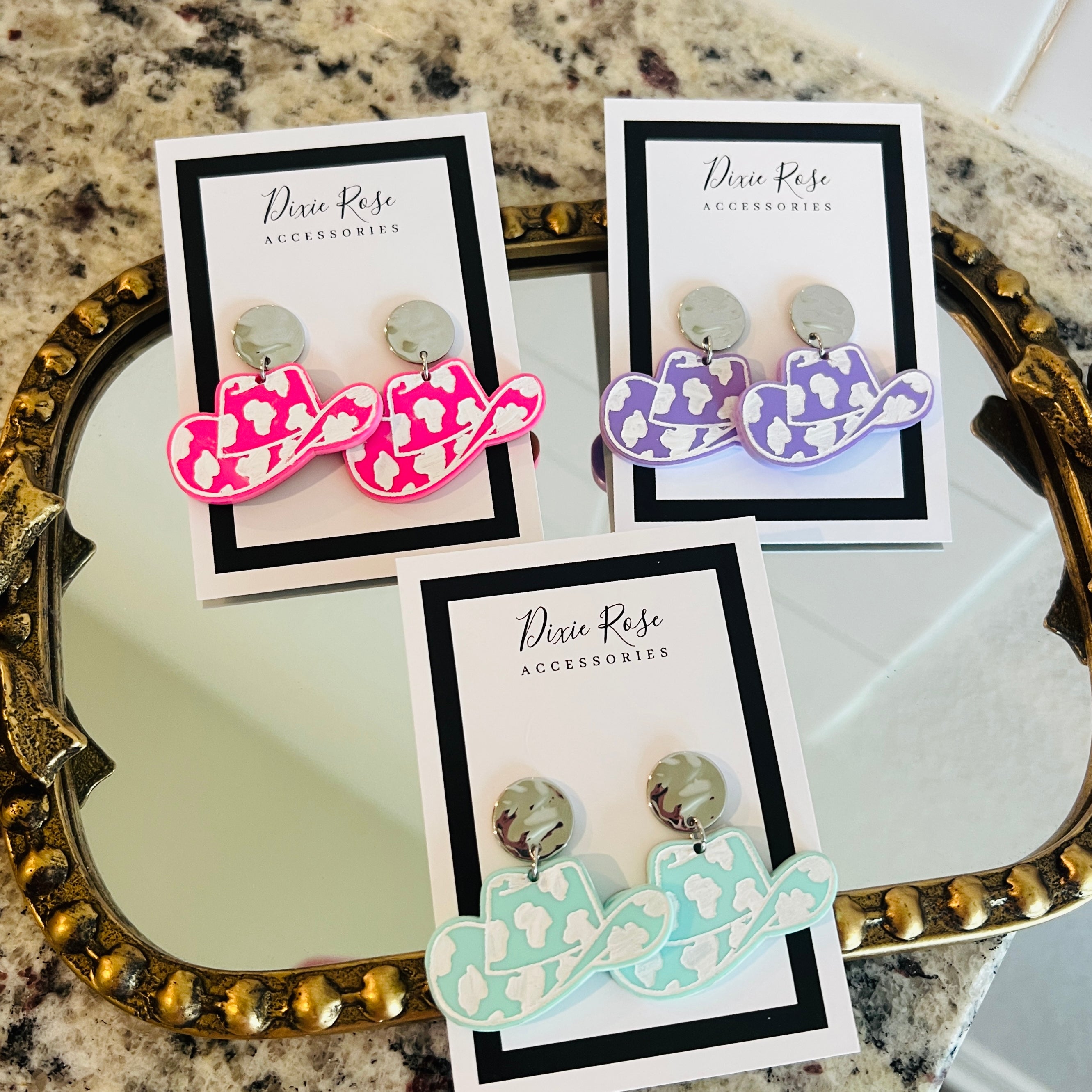 WS: Pastel Cowprrint Cowgirl Hat Earrings on Simply Obsessed
