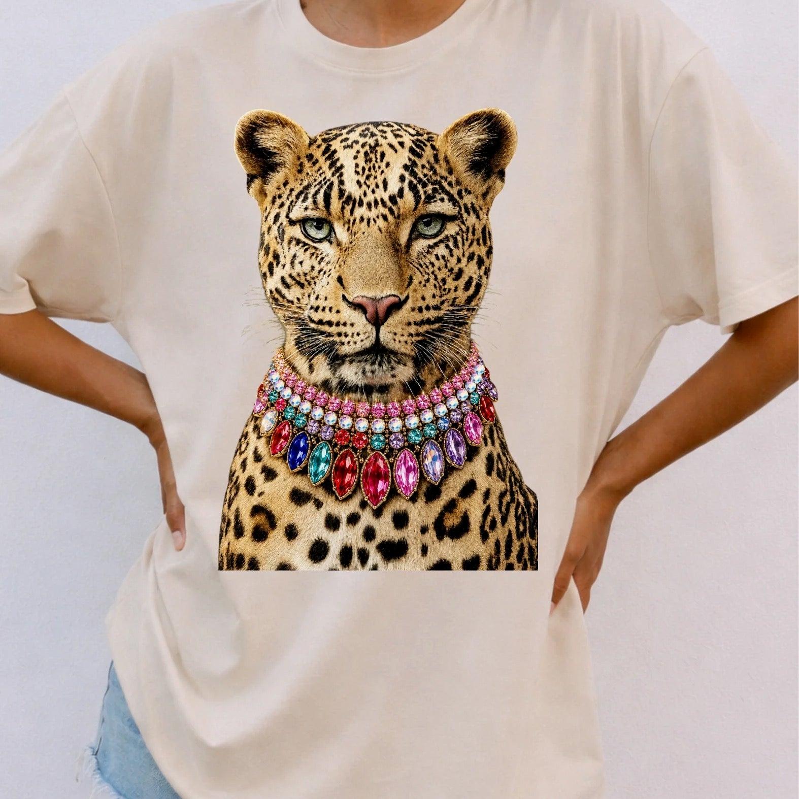 WS: Leopard Multi Jeweled Necklace Bling Tee DIRECT TO GARMENT on Simply Obsessed