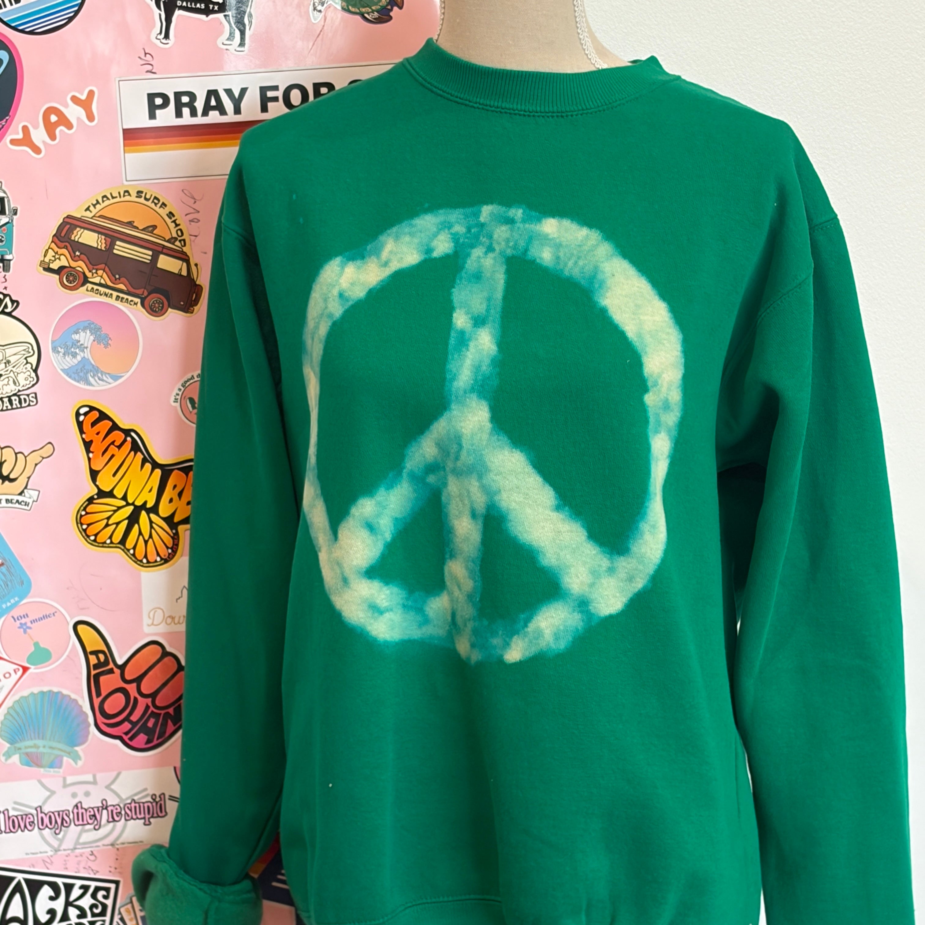 MALIBU HIPPIE Kelly Green Bleached Peace Sign Sweatshirt *DEBUT SALE* on Simply Obsessed