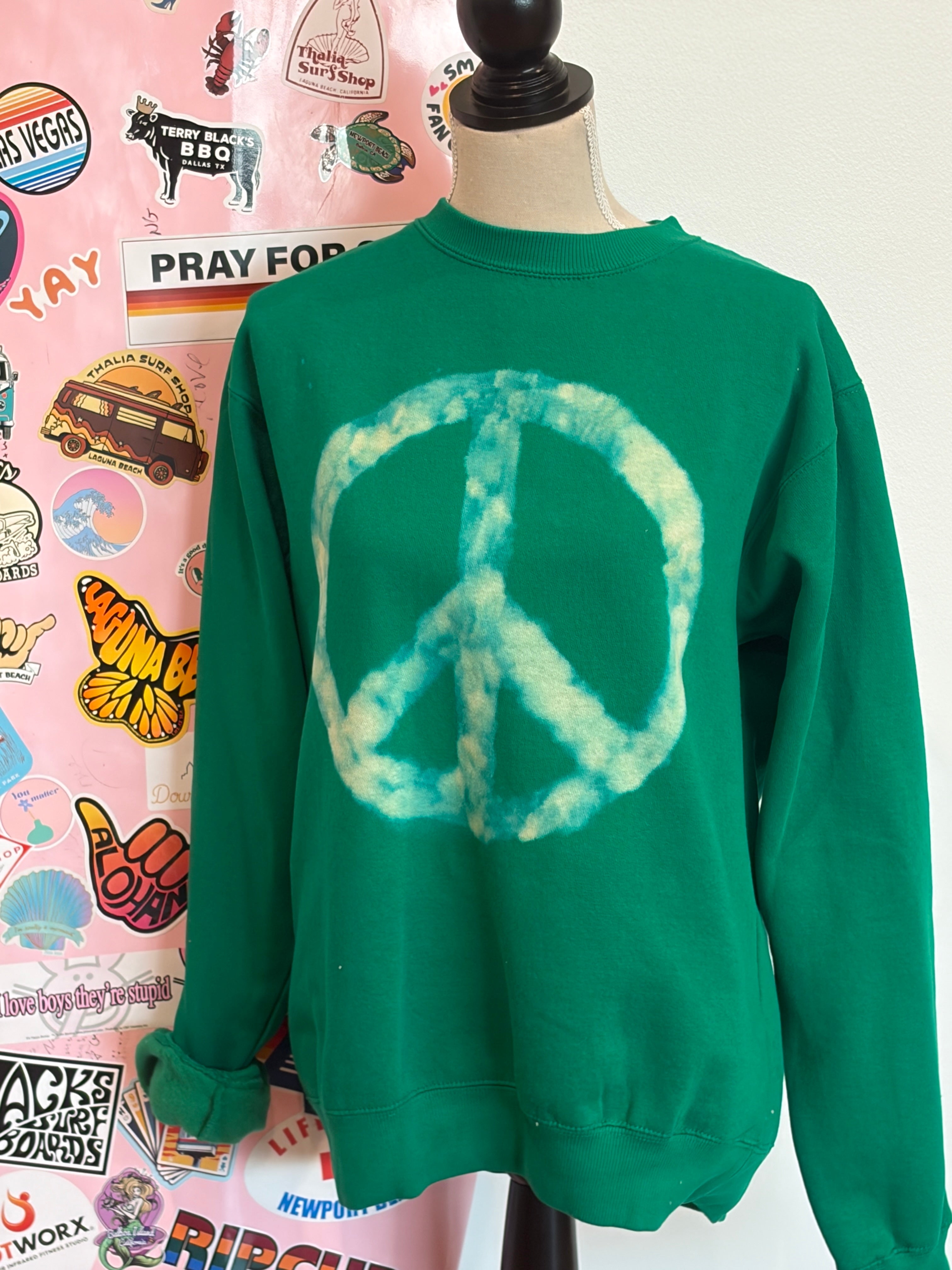 MALIBU HIPPIE Kelly Green Bleached Peace Sign Sweatshirt *DEBUT SALE* on Simply Obsessed