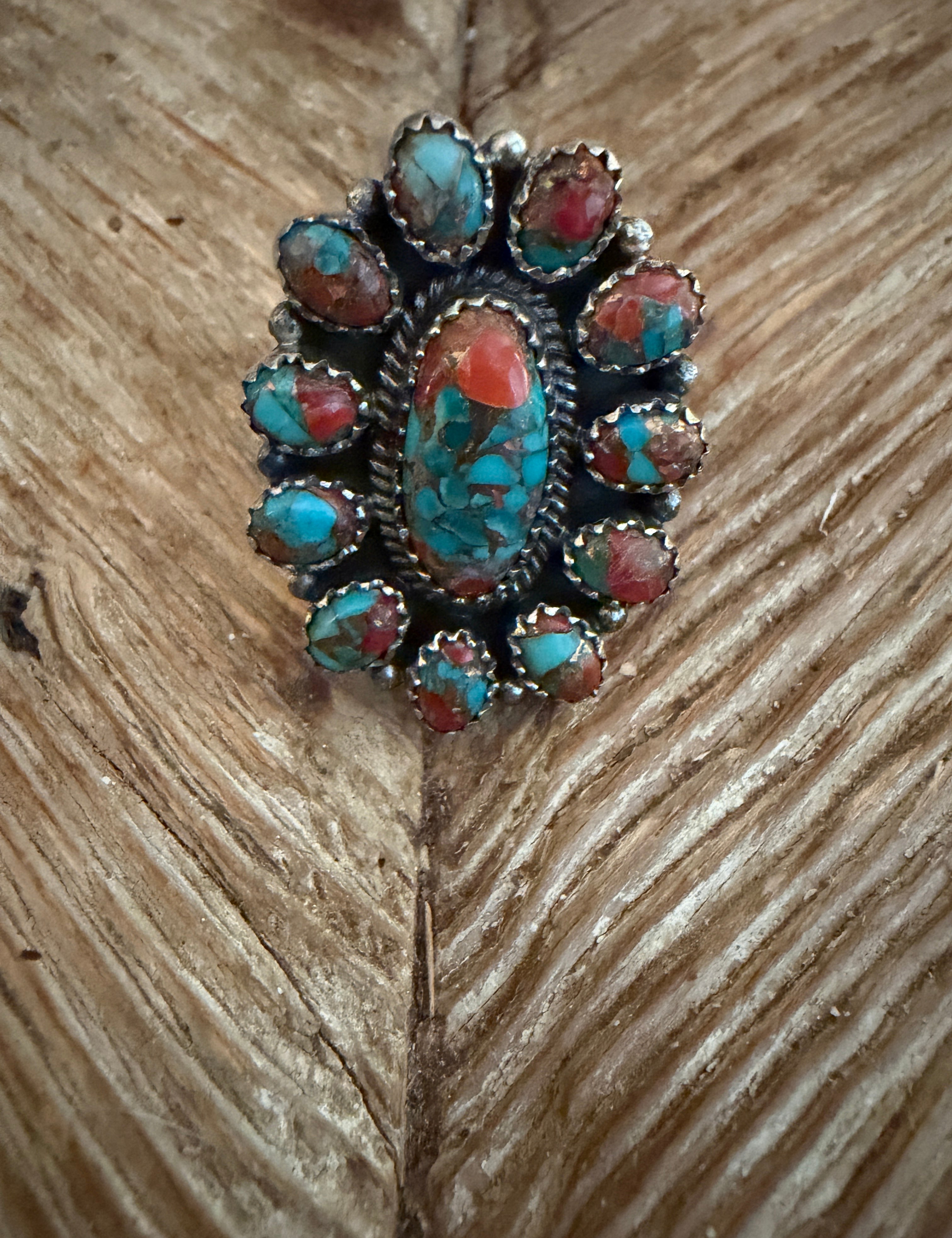 NIZHONI Handmade Sterling Silver & Coral Mojave Adjustable Cluster Ring on Simply Obsessed