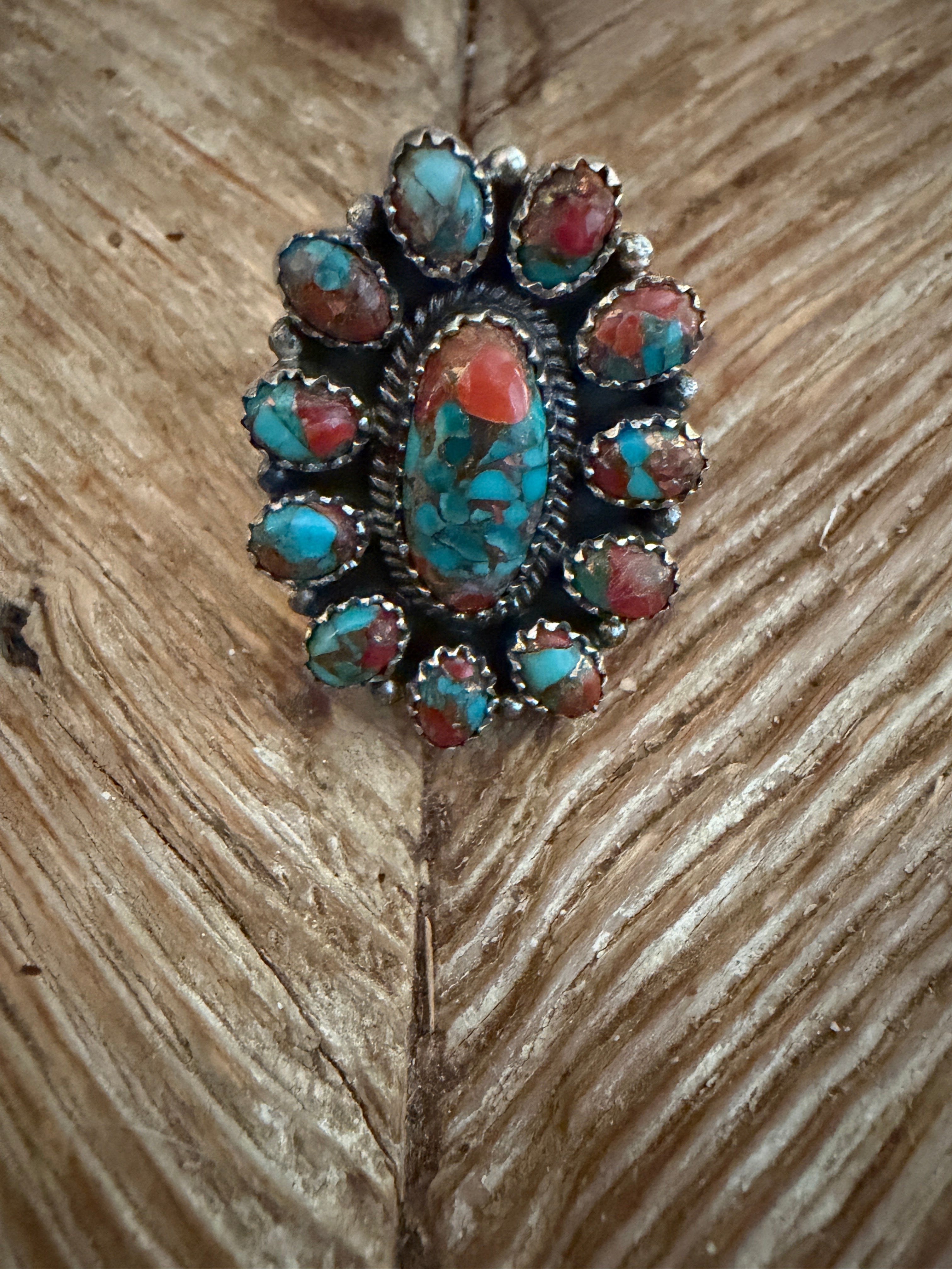NIZHONI Handmade Sterling Silver & Coral Mojave Adjustable Cluster Ring on Simply Obsessed