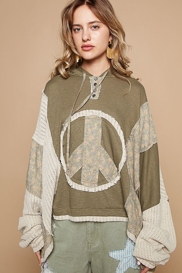 POL Knit Peace Sign Hoodie - Dried Olive