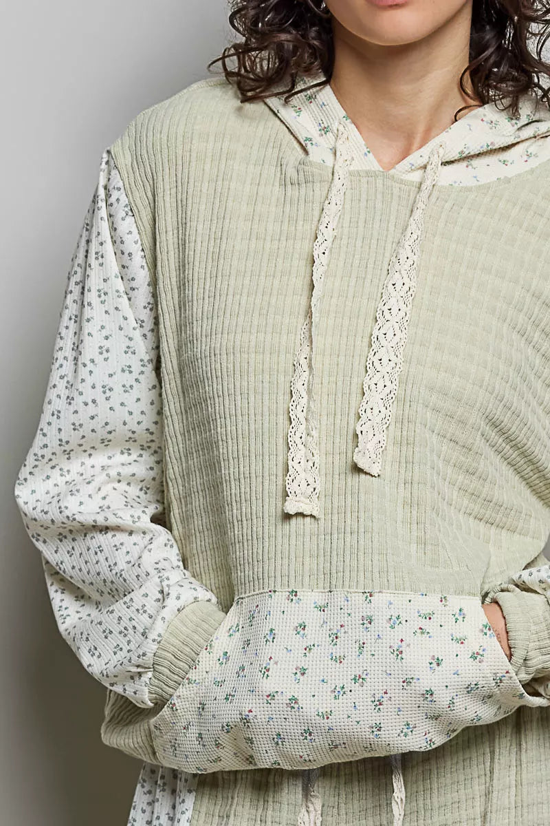 POL Mixed Knit Contrast Print Sleeve Hoodie with Kangaroo Pocket on Simply Obsessed