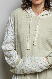 POL Mixed Knit Contrast Print Sleeve Hoodie with Kangaroo Pocket on Simply Obsessed