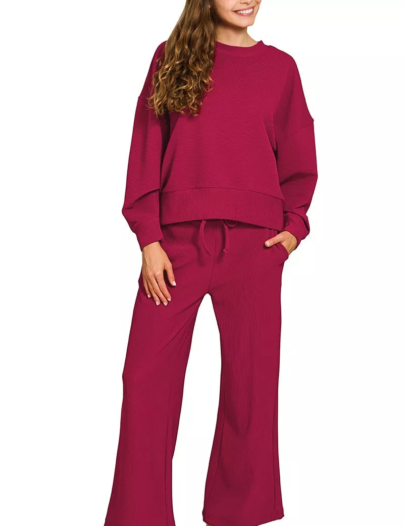 ZENANA Ribbed Round Neck Pullover and Drawstring Pants Set on Simply Obsessed