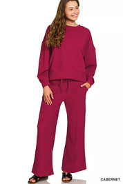 ZENANA Ribbed Round Neck Pullover and Drawstring Pants Set on Simply Obsessed