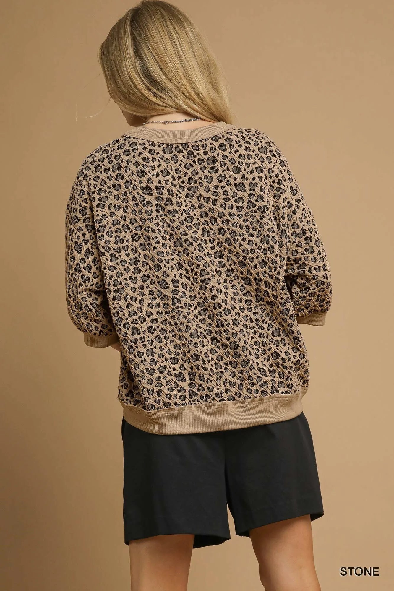 Umgee Leopard Knit Jacquard Puff Sleeve Sweatshirt on Simply Obsessed