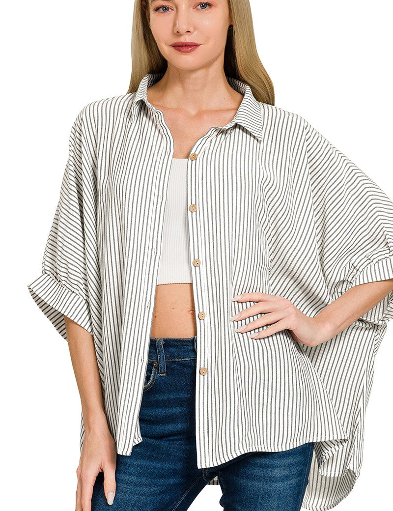 ZENANA Full Size Woven Stripe Button Down Boxy Shirt Plus Size on Simply Obsessed