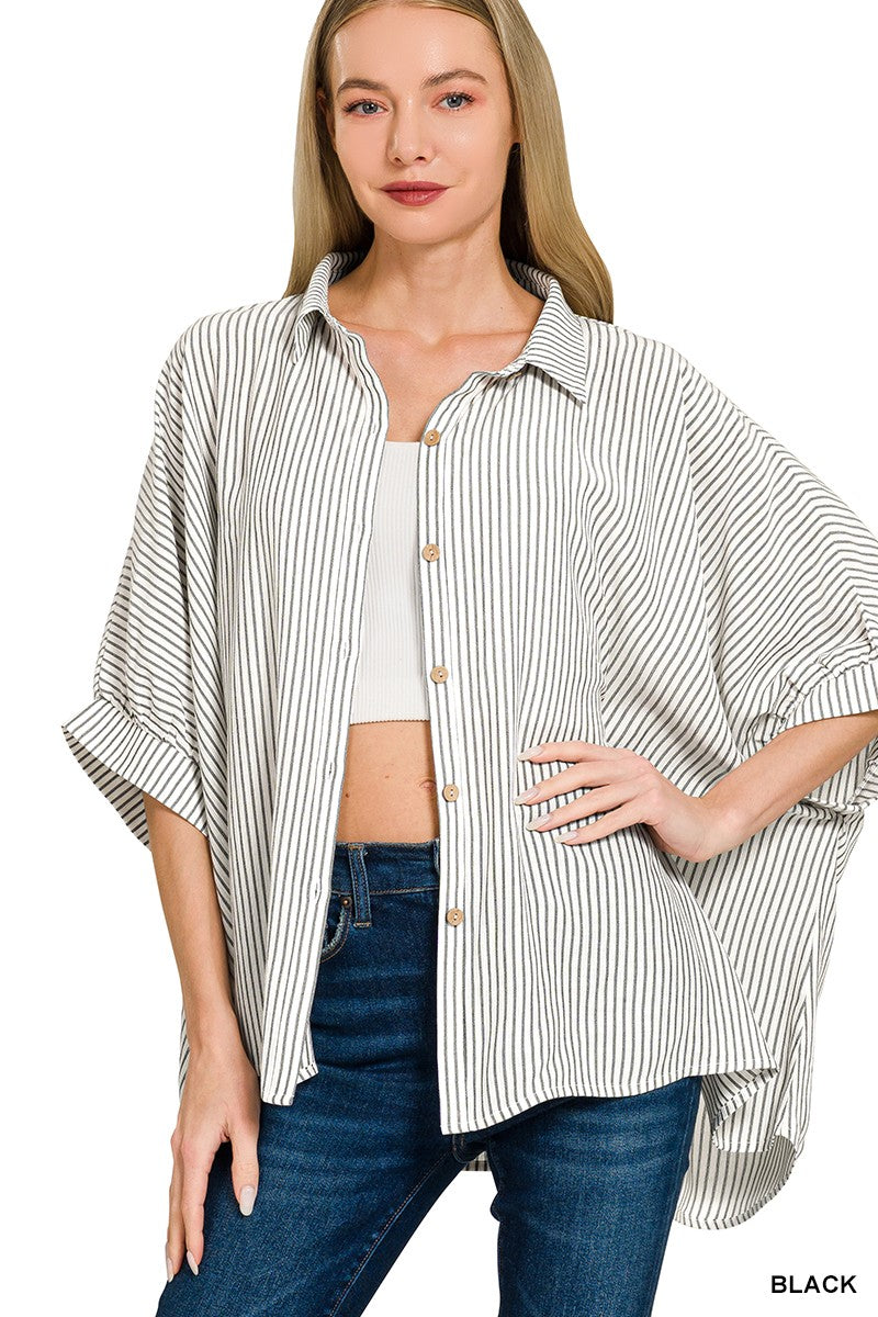 ZENANA Full Size Woven Stripe Button Down Boxy Shirt Plus Size on Simply Obsessed