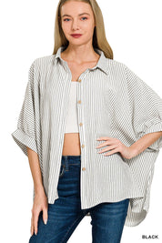 ZENANA Full Size Woven Stripe Button Down Boxy Shirt Plus Size on Simply Obsessed
