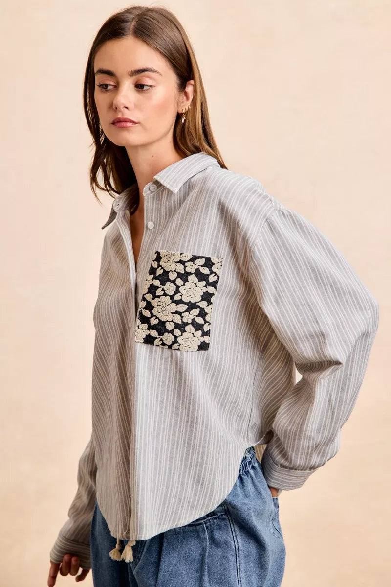 BiBi Flower Jacquard Knit Patch Pocket Stripe Shirt on Simply Obsessed