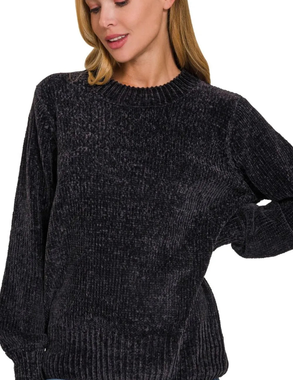 ZENANA Round Neck Balloon Sleeve Chenille Sweater on Simply Obsessed