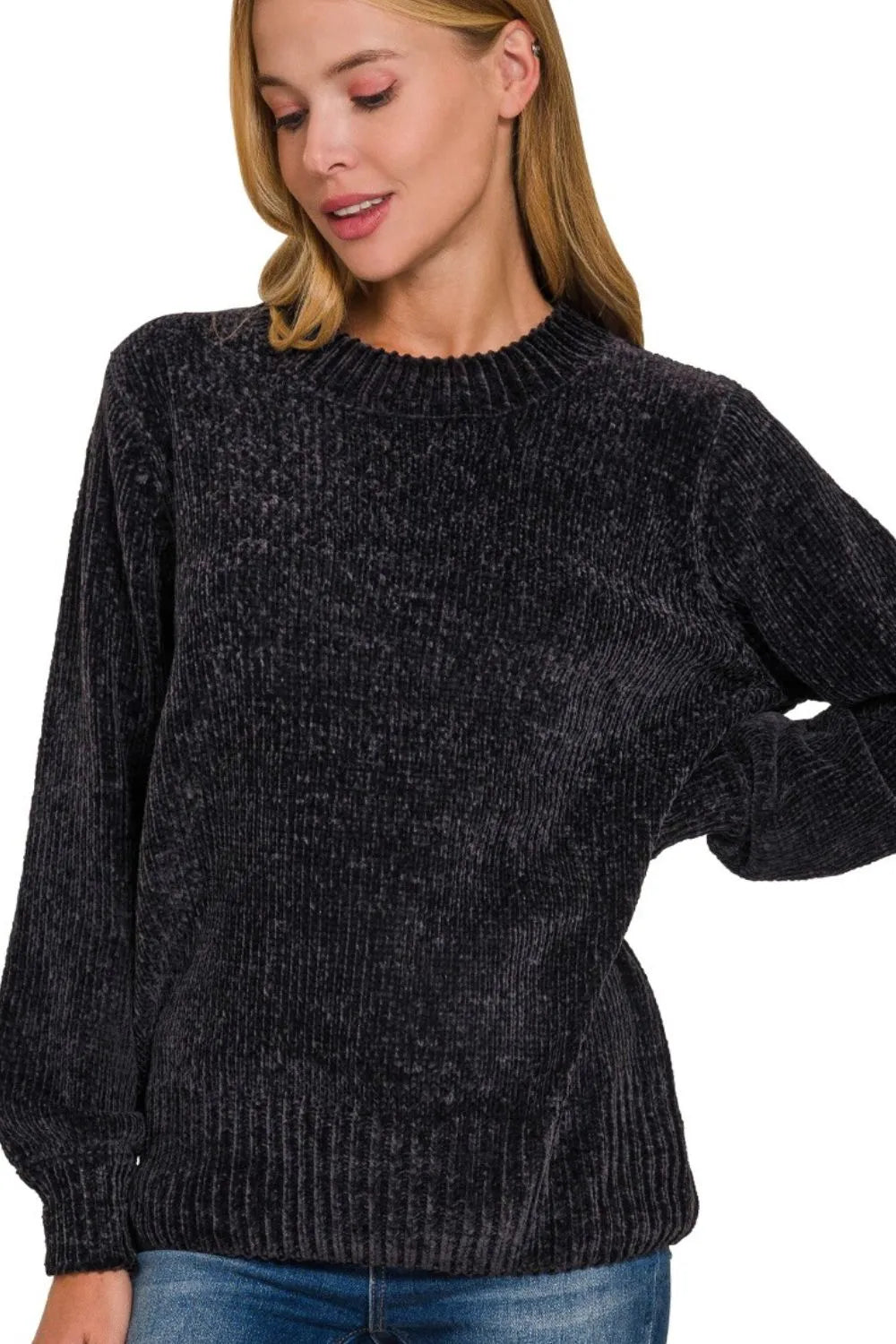 ZENANA Round Neck Balloon Sleeve Chenille Sweater on Simply Obsessed