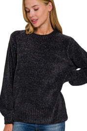 ZENANA Round Neck Balloon Sleeve Chenille Sweater on Simply Obsessed