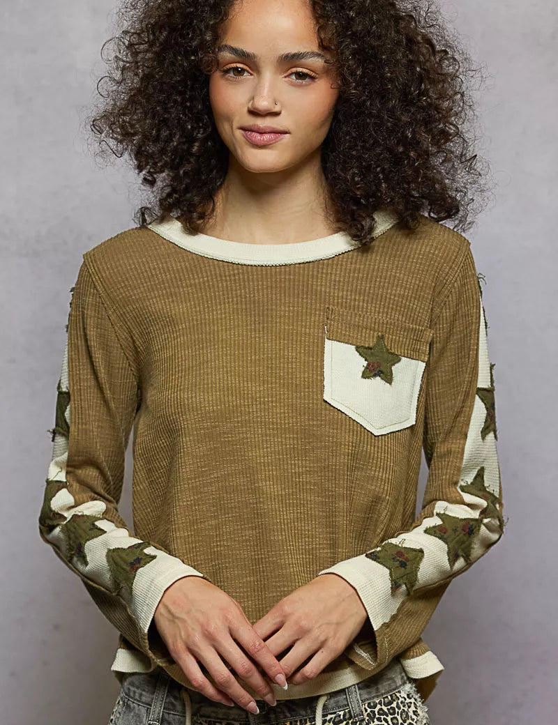 POL Round Neck Long Sleever T-Shirt with Star Patch on Simply Obsessed
