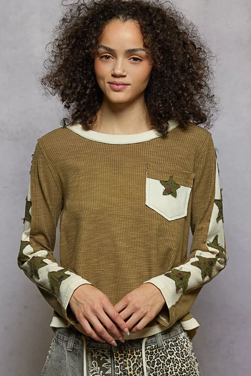 POL Round Neck Long Sleever T-Shirt with Star Patch on Simply Obsessed