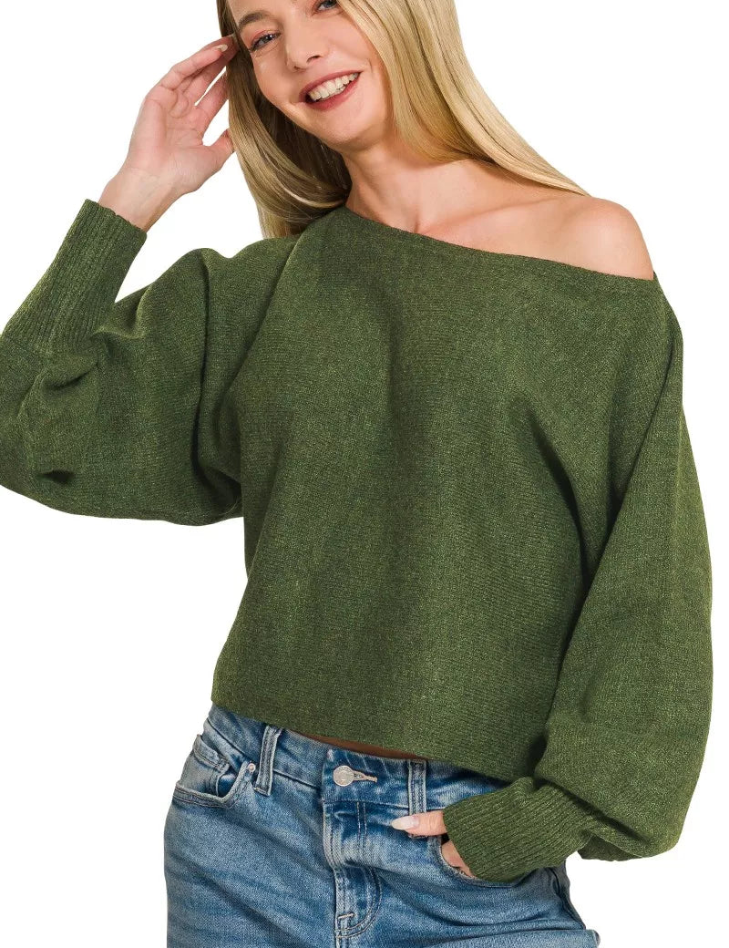 ZENANA Boat Neck Balloon Sleeve Sweater on Simply Obsessed