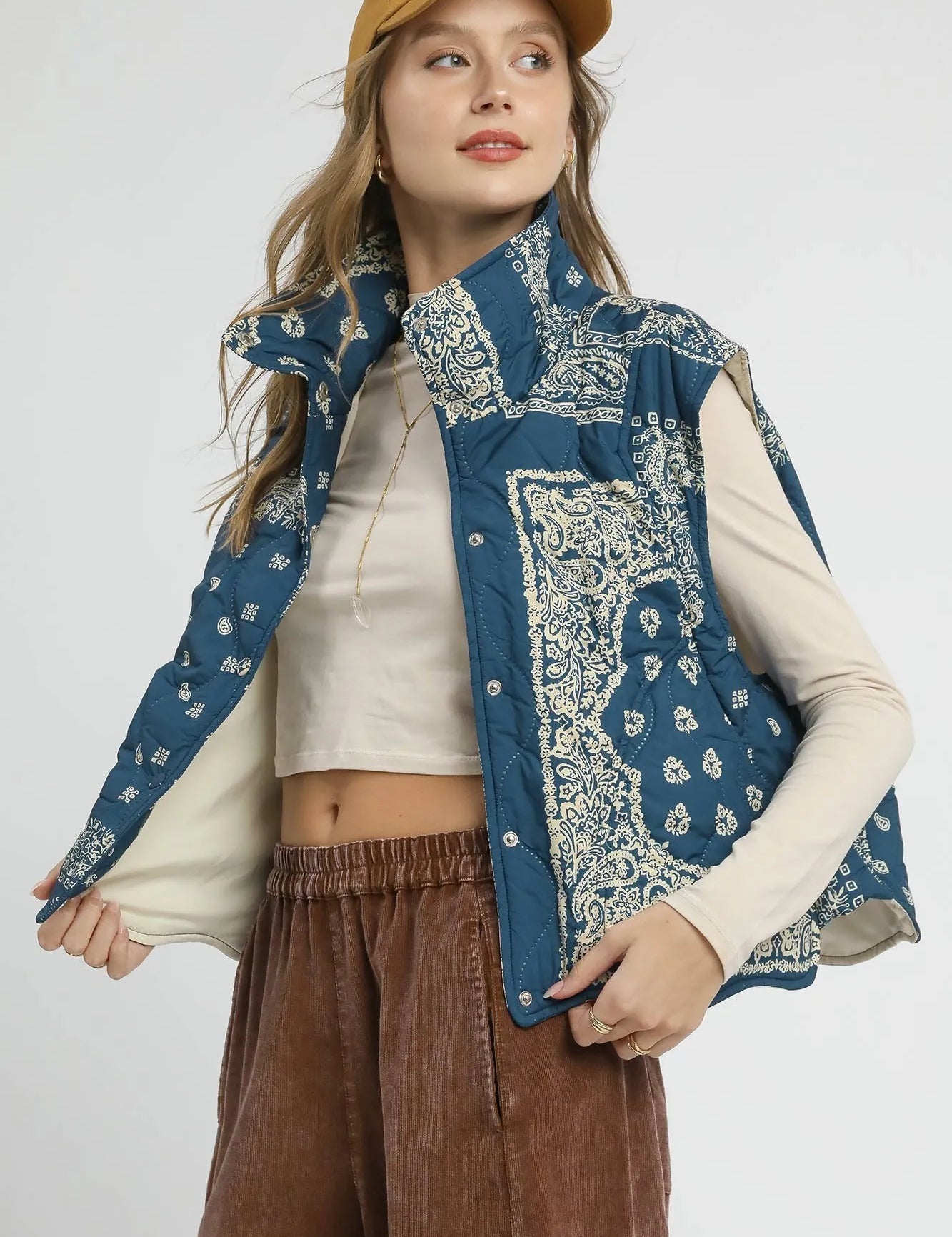Umgee Bandana Print Quilted Puffer Vest on Simply Obsessed