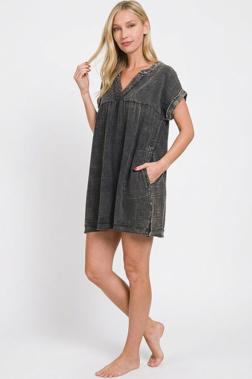 ZENANA Washed Double Gauze Raw Edge V-neck Dress on Simply Obsessed