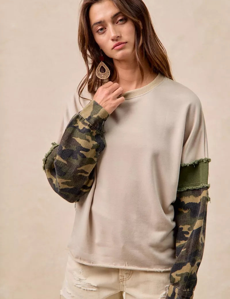 BiBi Camo Sleeve French Terry Top with Frayed Edge on Simply Obsessed
