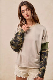 BiBi Camo Sleeve French Terry Top with Frayed Edge on Simply Obsessed