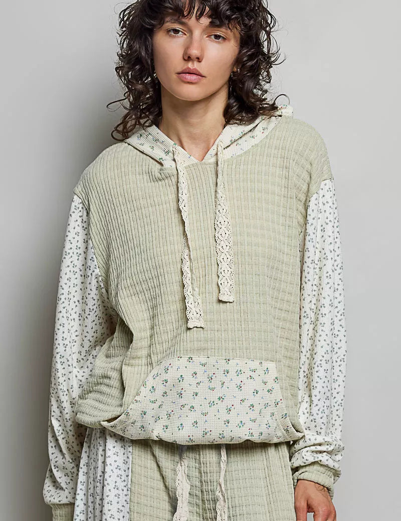 POL Mixed Knit Contrast Print Sleeve Hoodie with Kangaroo Pocket on Simply Obsessed