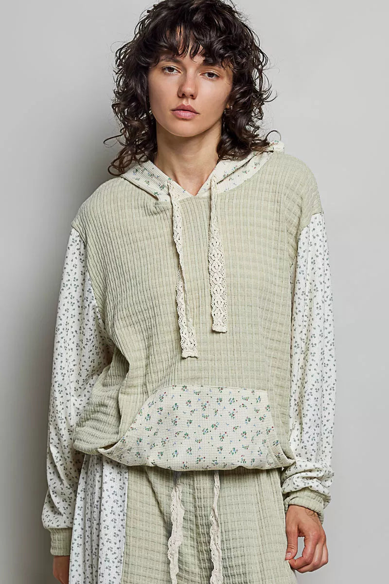 POL Mixed Knit Contrast Print Sleeve Hoodie with Kangaroo Pocket on Simply Obsessed