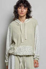 POL Mixed Knit Contrast Print Sleeve Hoodie with Kangaroo Pocket on Simply Obsessed