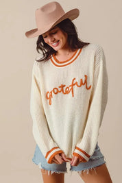 SO ME Thanksgiving Grateful Lettering Stitch Sweater on Simply Obsessed