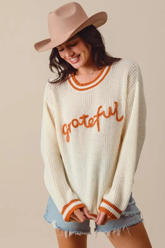 SO ME Thanksgiving Grateful Lettering Stitch Sweater on Simply Obsessed