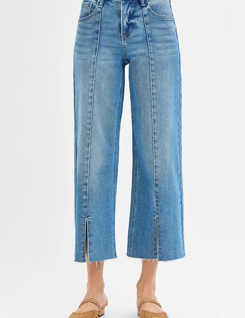 RISEN Tummy Control Mid Rise Crop Wide Front Slit Jeans on Simply Obsessed