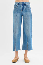 RISEN Tummy Control Mid Rise Crop Wide Front Slit Jeans on Simply Obsessed