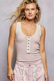 POL Lace Trim Tank with Front Button Closure on Simply Obsessed