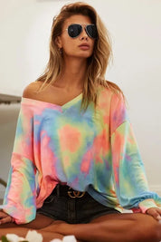 BiBi Tie Dye French Terry V Neck Top on Simply Obsessed