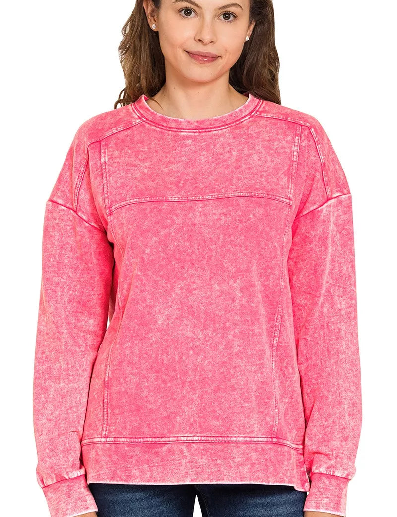 ZENANA Acid Wash French Terry Exposed-Seam Pullover on Simply Obsessed