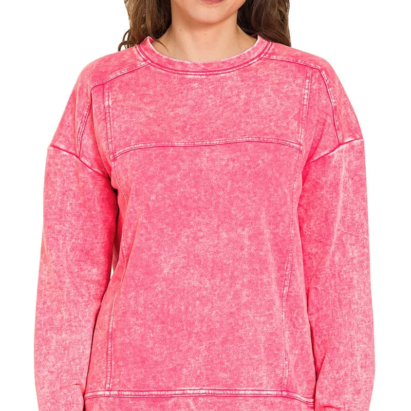 ZENANA Acid Wash French Terry Exposed-Seam Pullover on Simply Obsessed