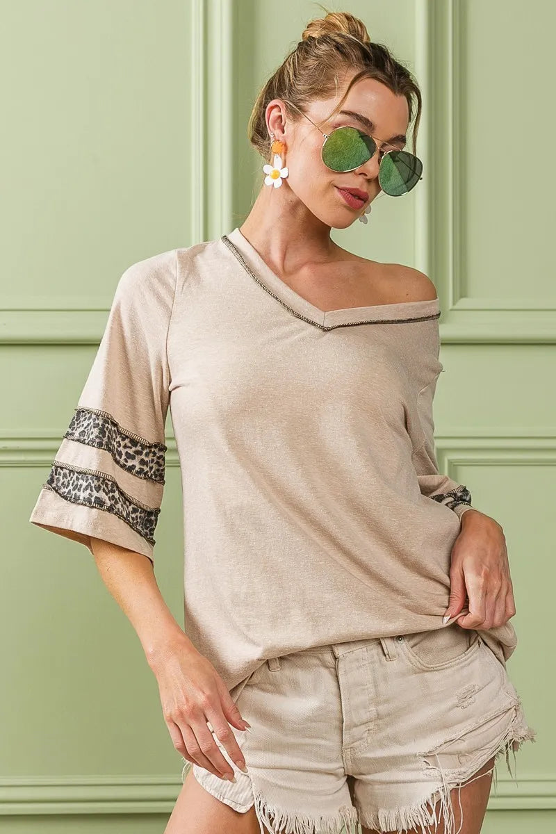 BiBi Triblend Knit Top with Leopard Band Detail on Simply Obsessed